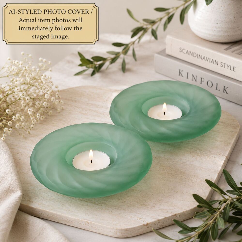 2 Dansk Art Glass Frosted Green Candle Holders Pair 6” | Scandinavian Modern